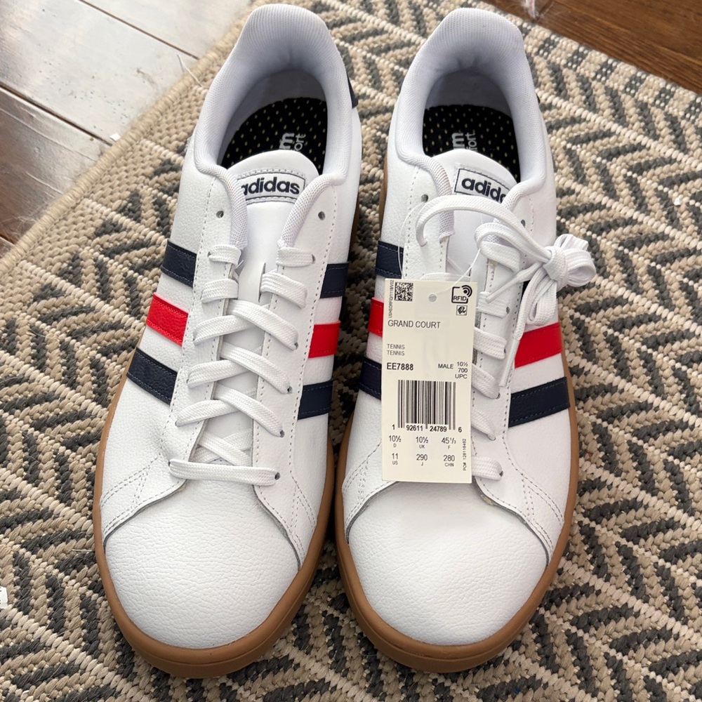 Adidas White Sneakers with Navy and Red Stripes